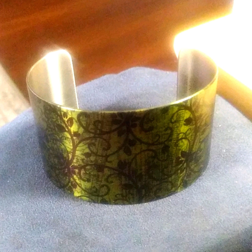 Tattooed steel cuff bracelet